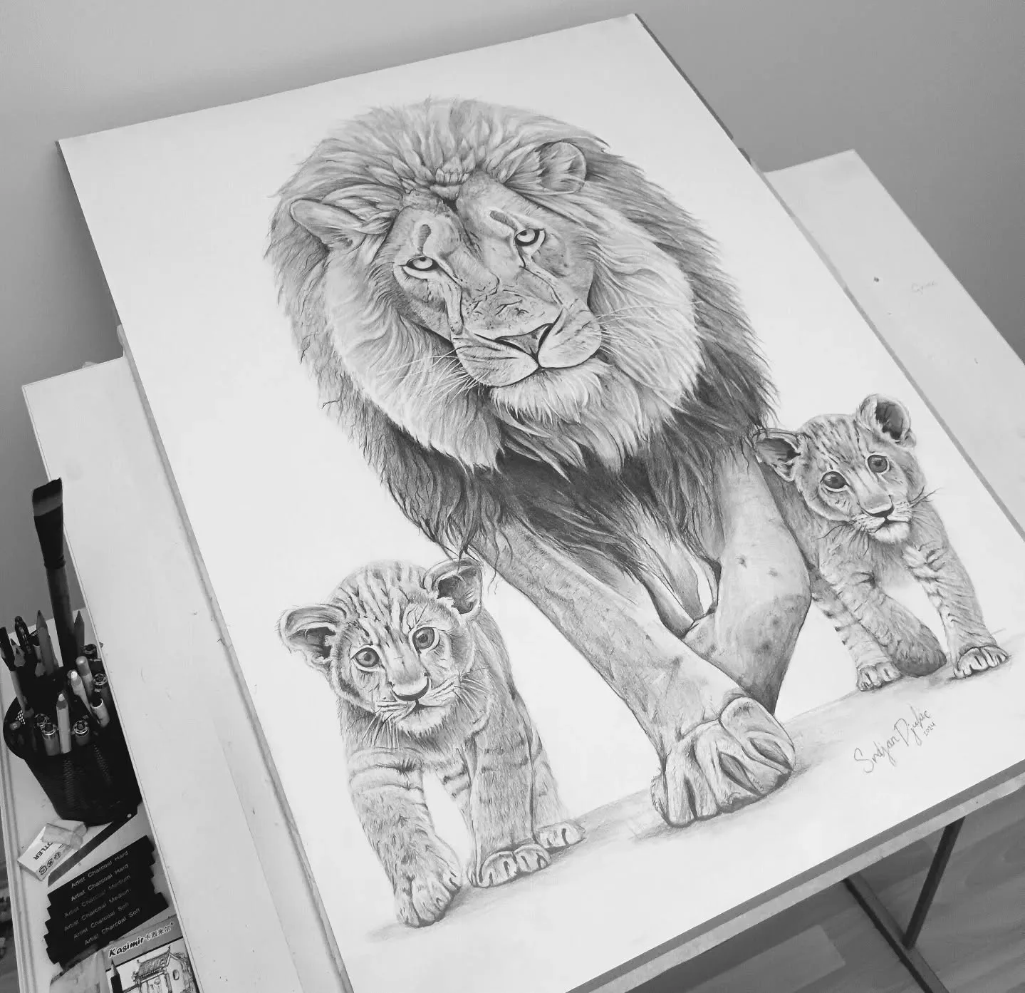 Lion Family Portrait amidst Art Essentials