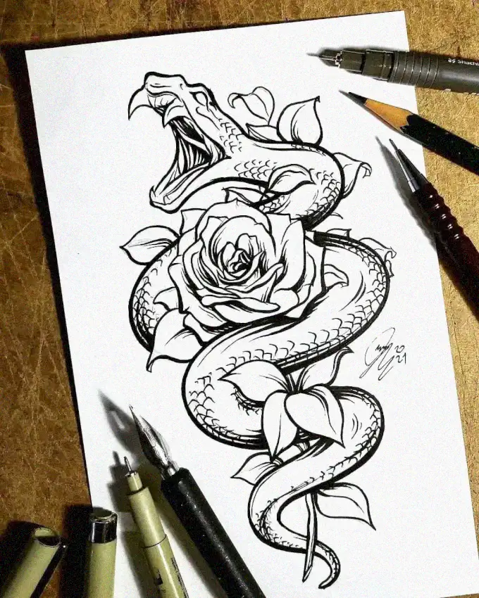 Coiled Serpent Embracing Rosy Bloom