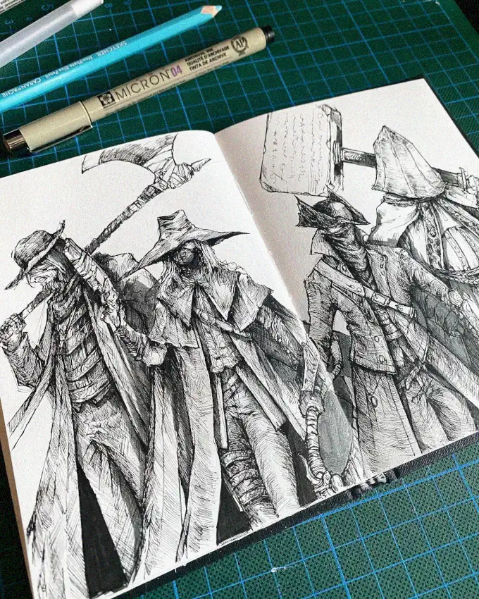 Ink Fantasies: Sketchbook Warriors Amidst Art Tools