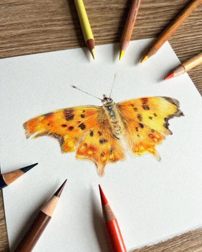 Butterfly Amidst Pencils on Wood