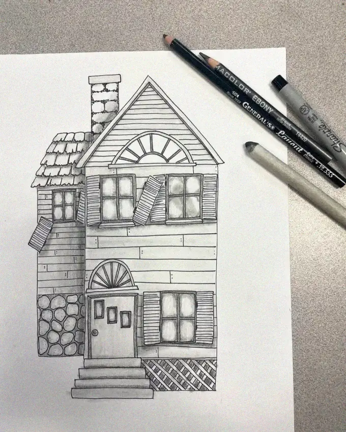 Quaint Home Portrait in Pencil