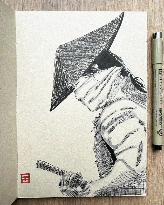 Swordbearer in Traditional Attire: An Inkwork