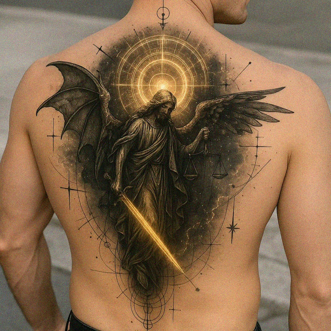 Sword, Scales and Celestial Winged Serenity
