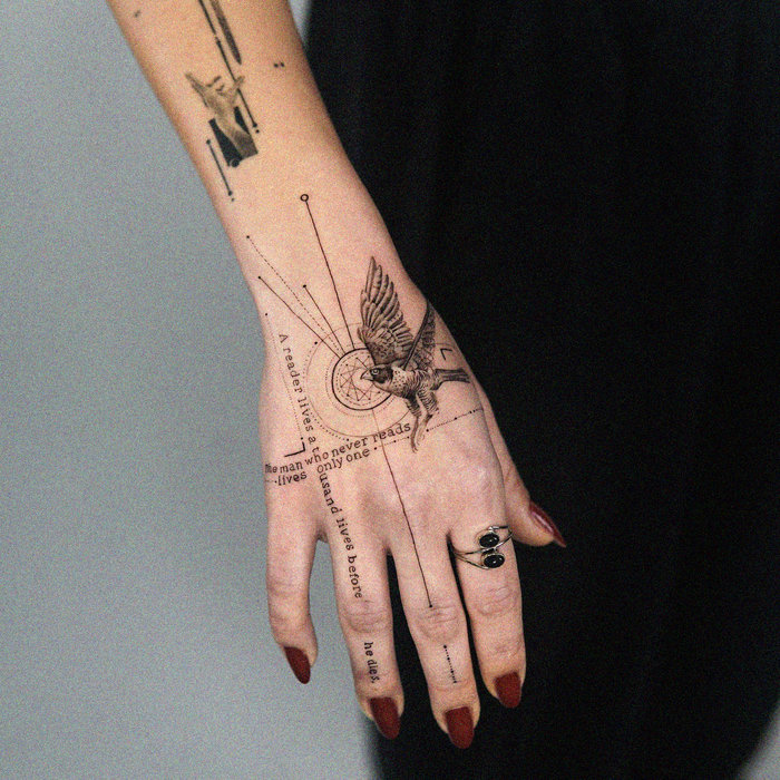 Inked Compass and Bird on Grey