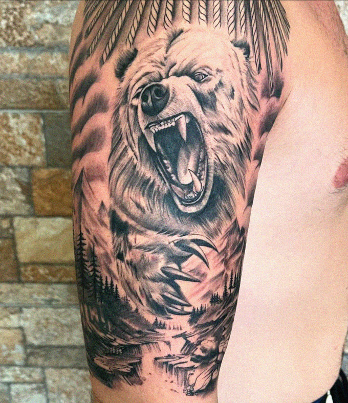 Bear Roar Amidst Inked Forest Vista