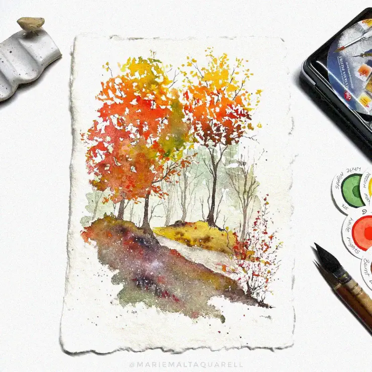 Autumn Trees Watercolor with Artistic Tools