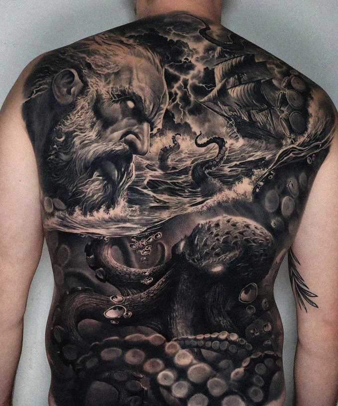 Mythological Seascape Tattooed on One's Back
