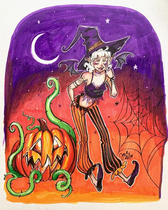 Witch's Playful Night Under Starlight