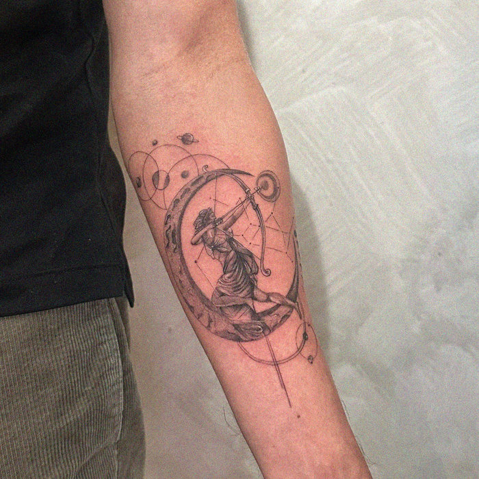 Archer's Dance inked in Geometric Elegance