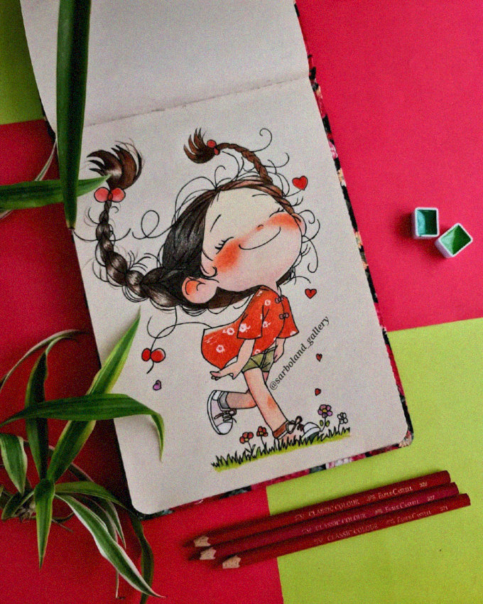 Sketchbook Scene of Smiling Braided Girl