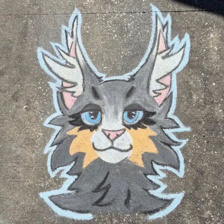 Feather-Eared Feline in Chalk Artistry