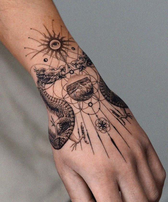 Dragon's Gaze in Geometric Tattoo Splendor