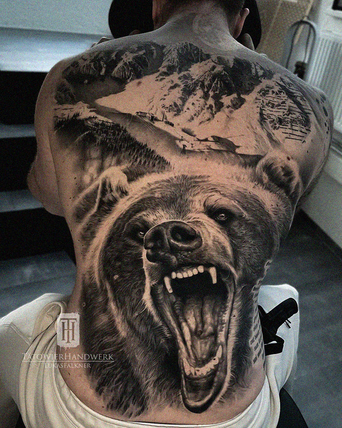 Man's Roaring Bear and Mountains Tattoo