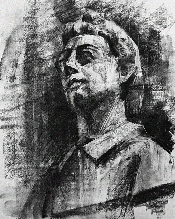 Laurel Crowned Statue in Charcoal Sketch
