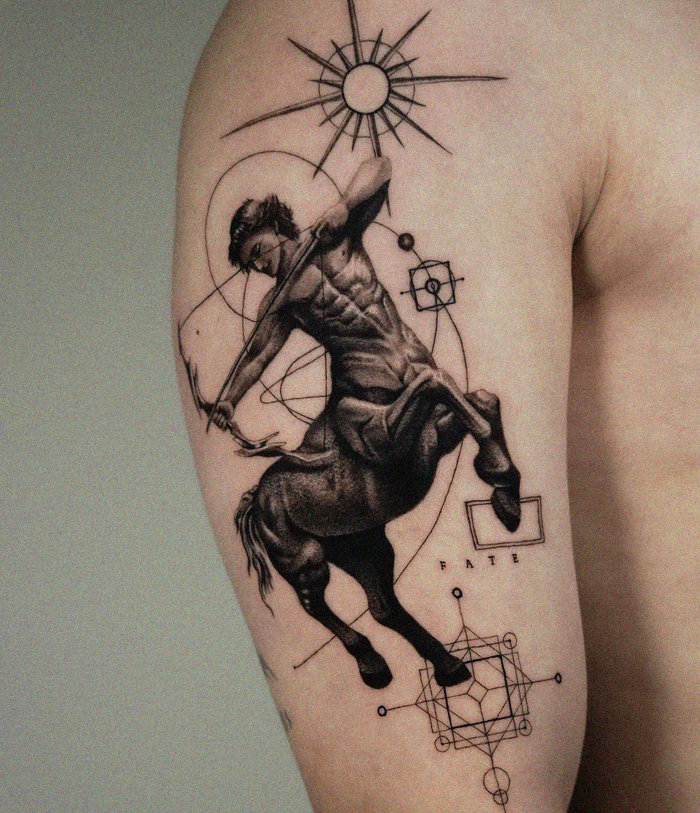 Centaur Archer Tattoo Amidst Cosmic Imagery