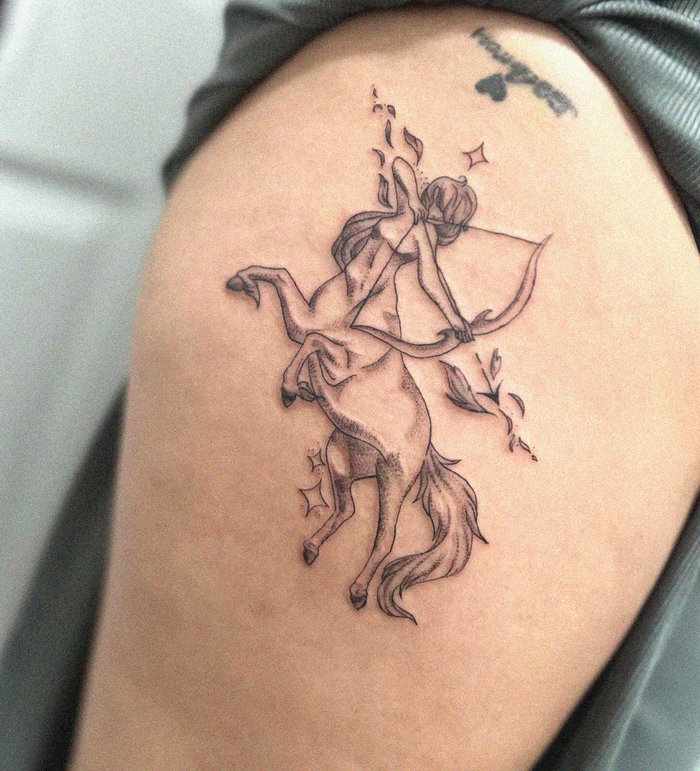 Centaur Huntress Tattoo Amid Starlight Swirl