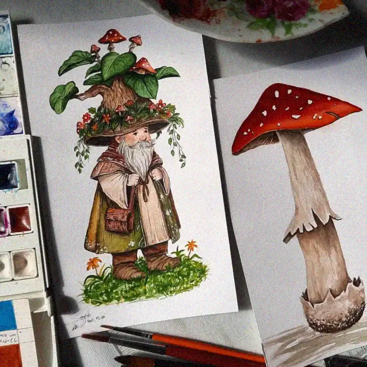 Whimsical Gnome and Mushroom Watercolors