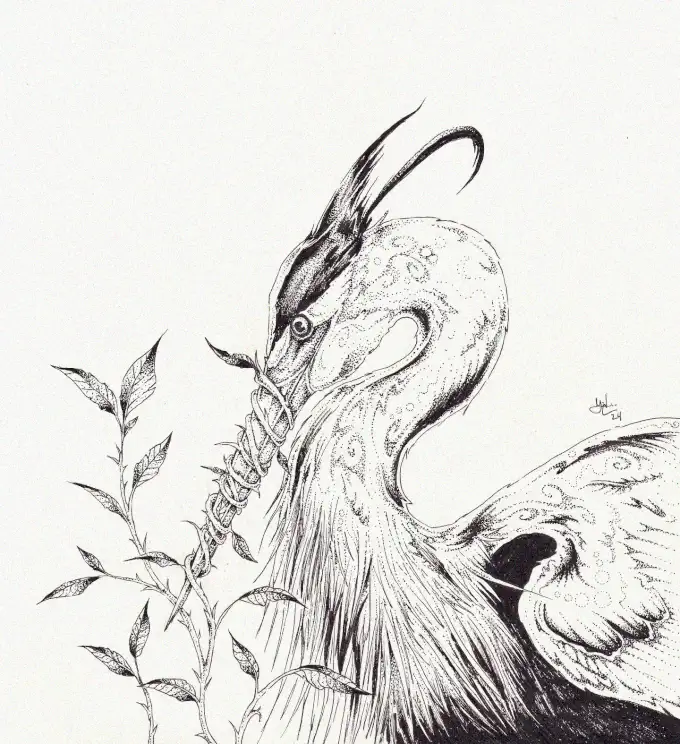 Mythical Bird Feast on Monochrome Insect