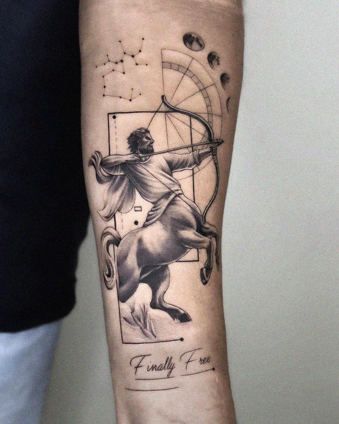 Astrological Centaur Tattoo with Personal Mantra