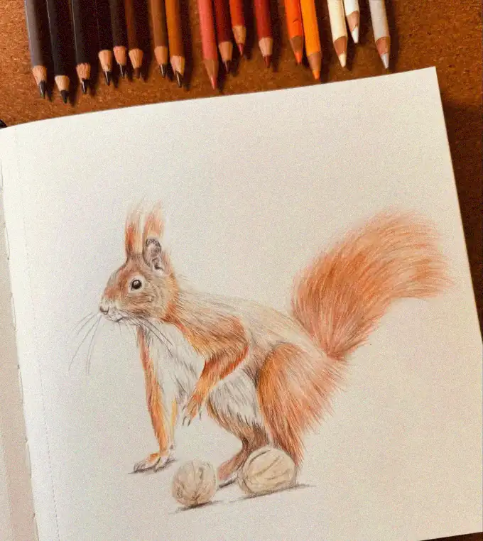 Squirrel Portrait amidst Rainbow Pencils