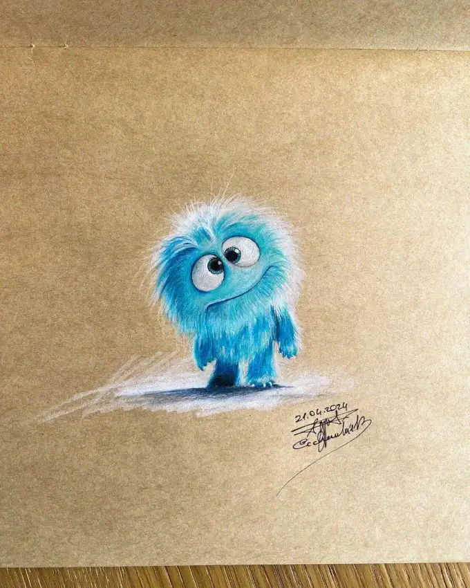 Whimsical Blue Creature on Brown Canvas