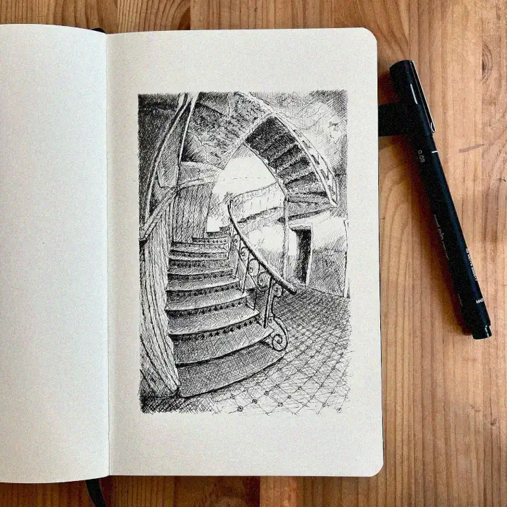 Spiraling Staircase Sketched in Ink