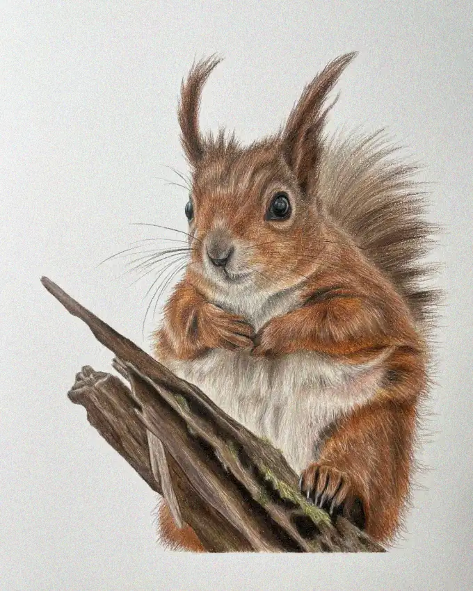 Squirrel in Crimson on Bough Sketch