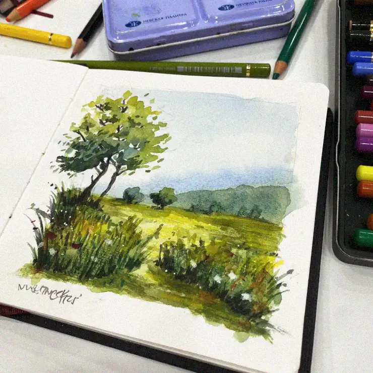 Lone Tree Watercolor Amidst Artistic Chaos
