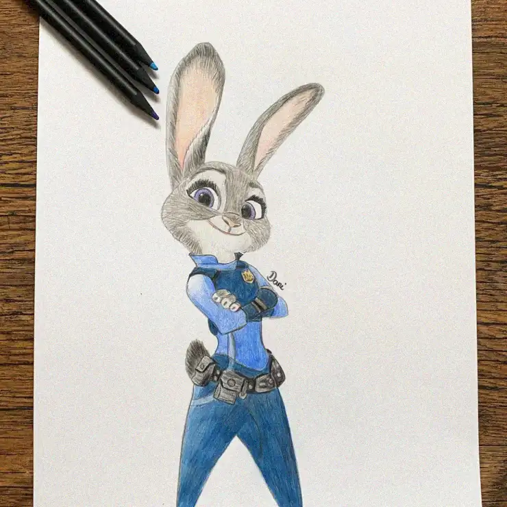 Rabbit Officer in Vibrant Pencil Colors