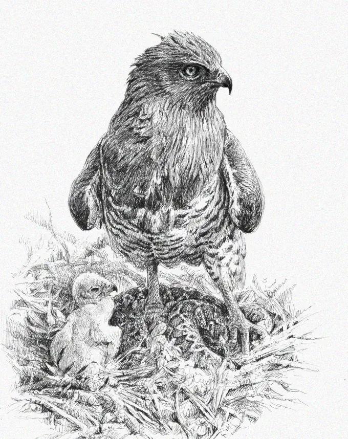 Feathered Guardian and Chick in Nest