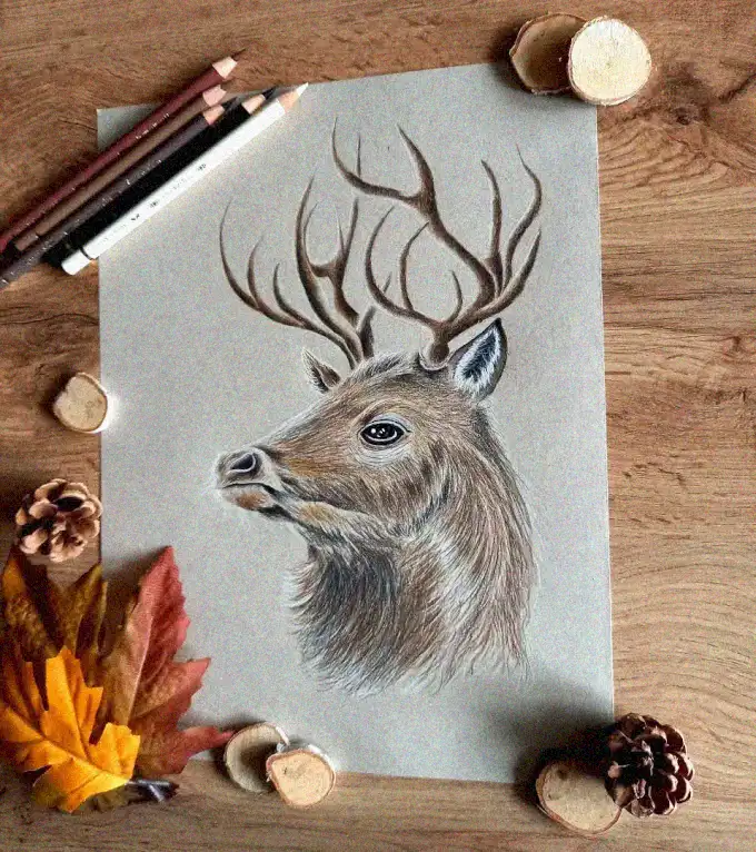 Artistic Autumn Encounter with Deer Sketch