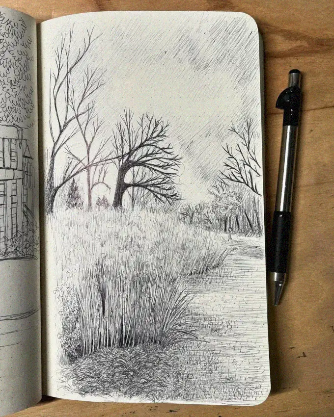 Serene Landscape: A Pen's Meticulous Journey