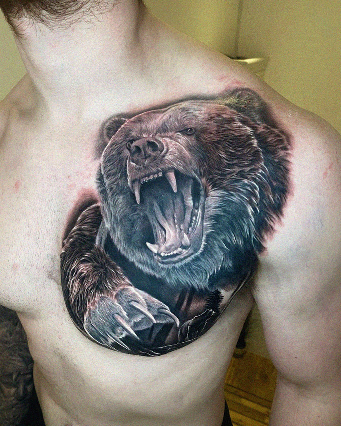 Bear Roar Tattoo Emblazoned on Chest