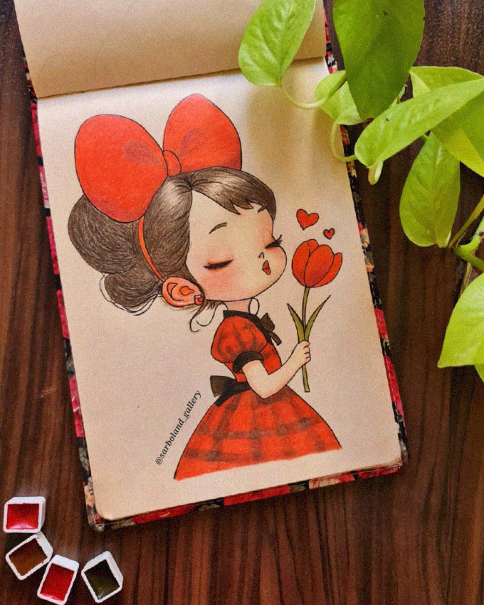 Girl's Sweet Kiss to a Tulip