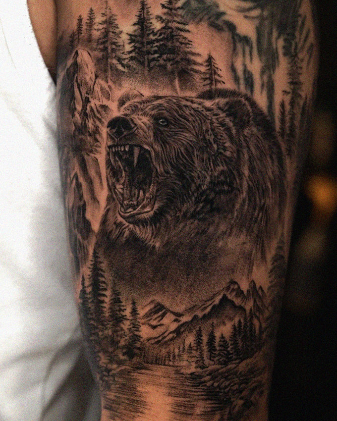 Roaring Bear Amidst Forest Tattoo