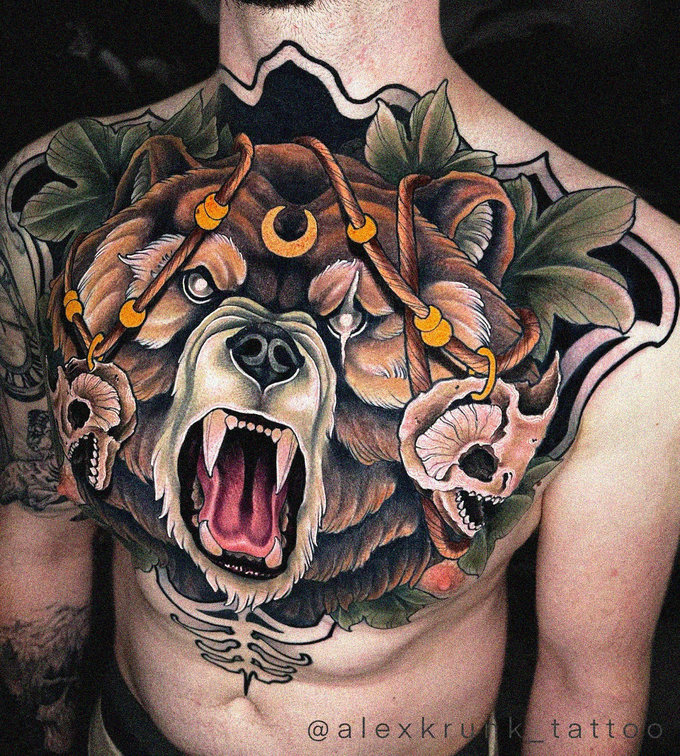 Bear Roar Tattoo with Skull Imagery