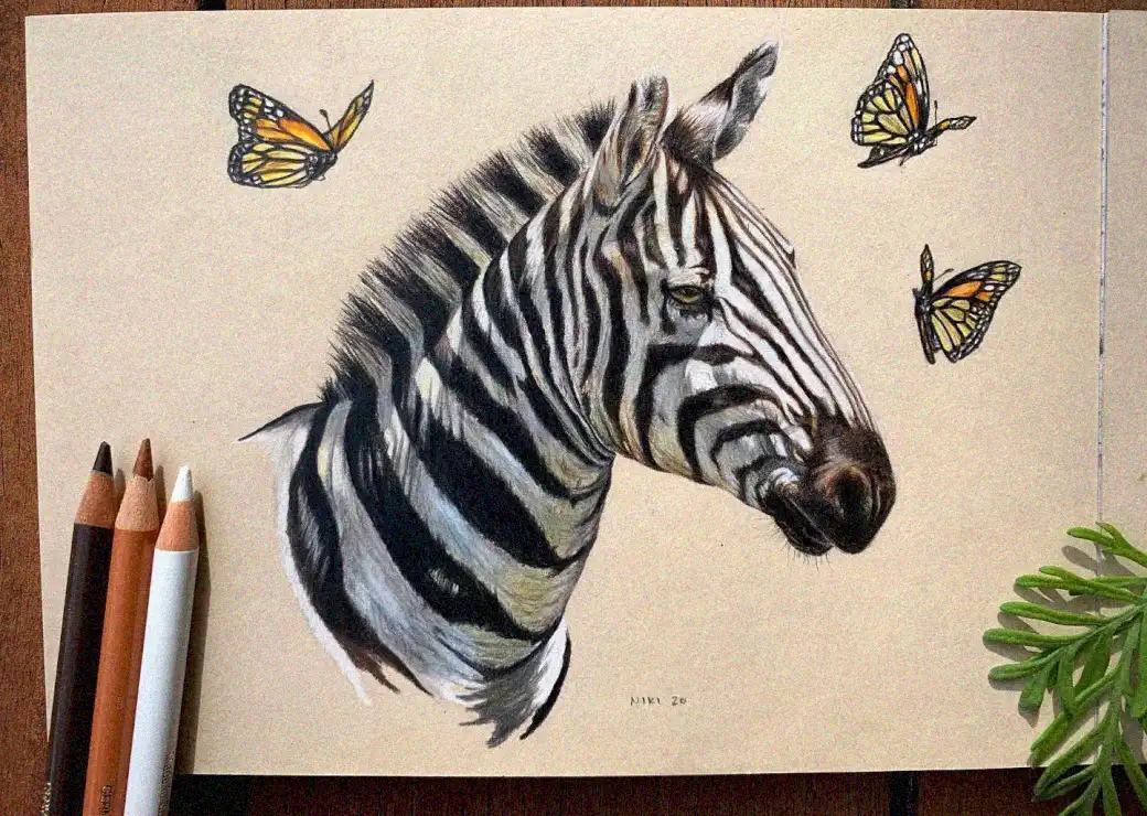 Zebra Portrait with Butterflies and Botanicals