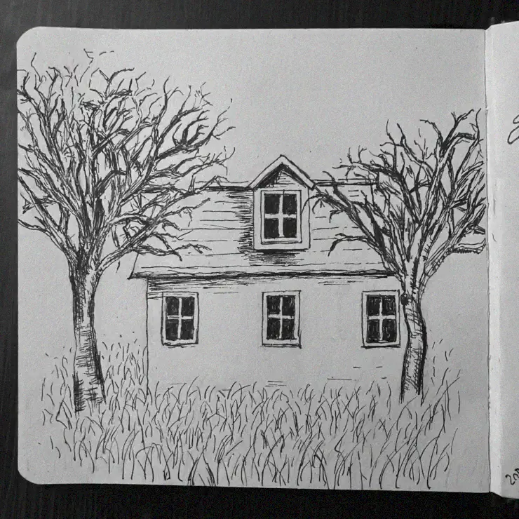 Quaint House Sketch Amidst Leafless Trees