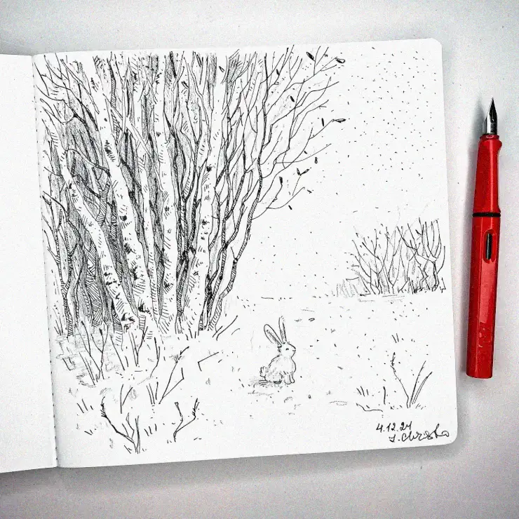 Sketchbook Tranquility with Rabbit and Red Pen