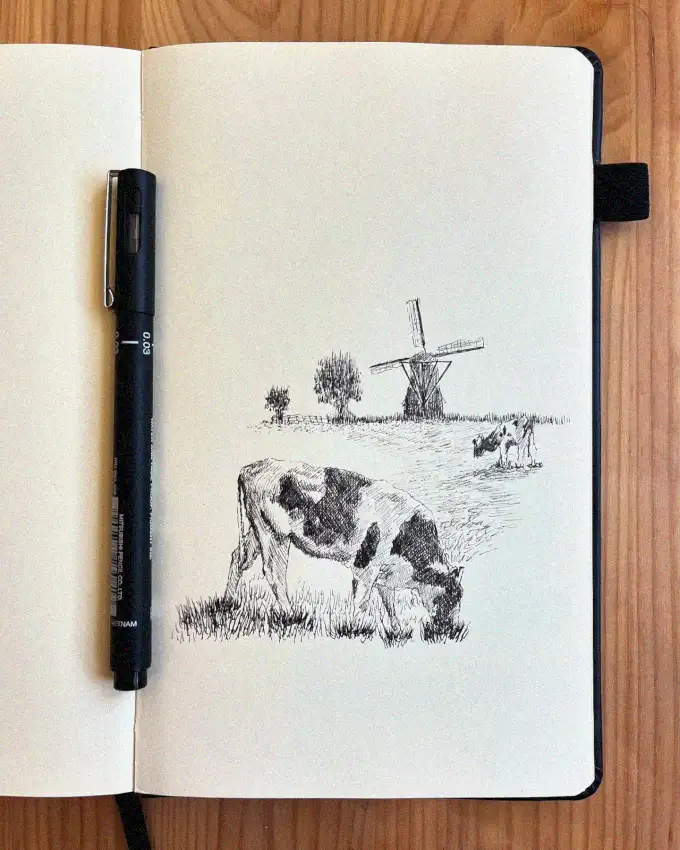 Pastoral Doodle: Cow and Windmill Sketch