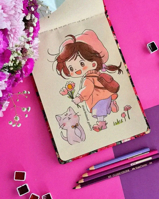 Whimsy in Pencil: Girl, Cat, and Flower