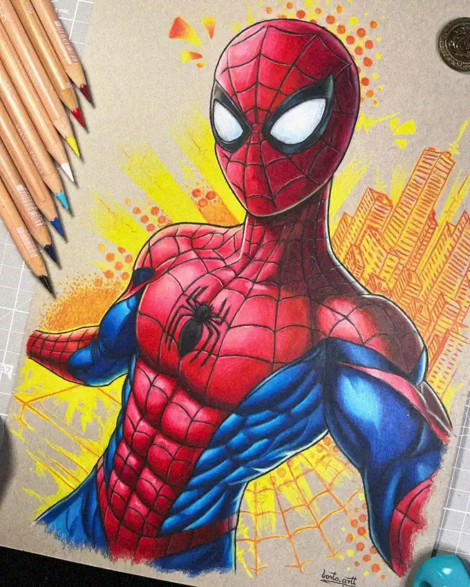 Spider-Man Illustration amidst Colored Pencils