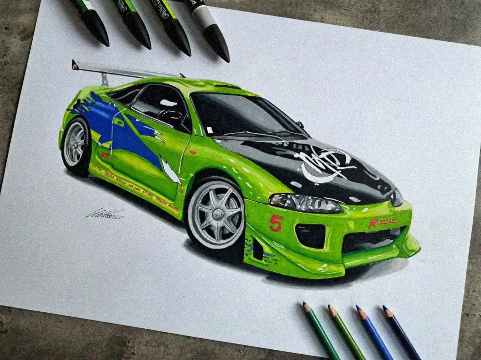 Sportscar Sketch in Dynamic Greens and Blues