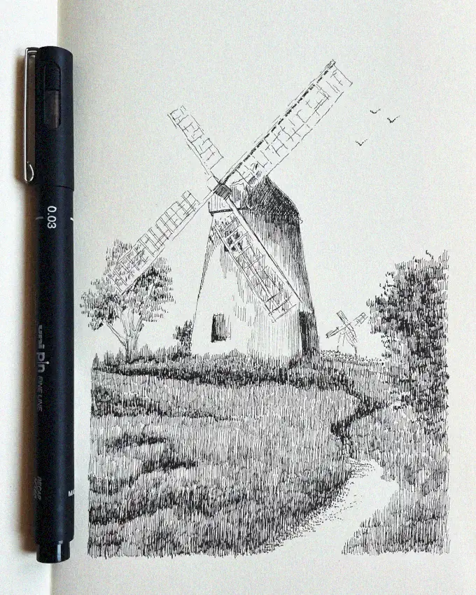 Windmill Sketch Amidst Verdant Foliage
