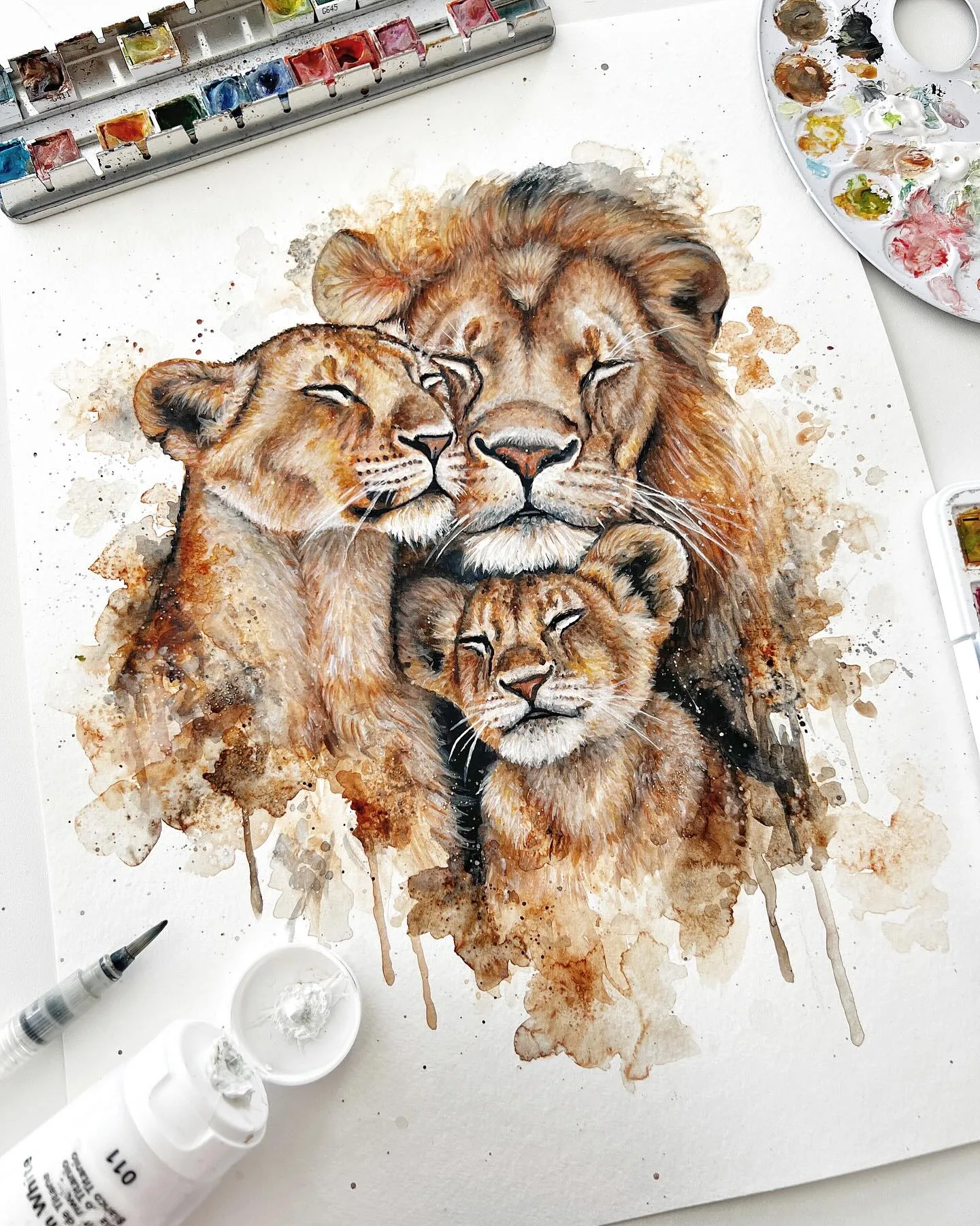 Watercolor Whispers of a Lion Family