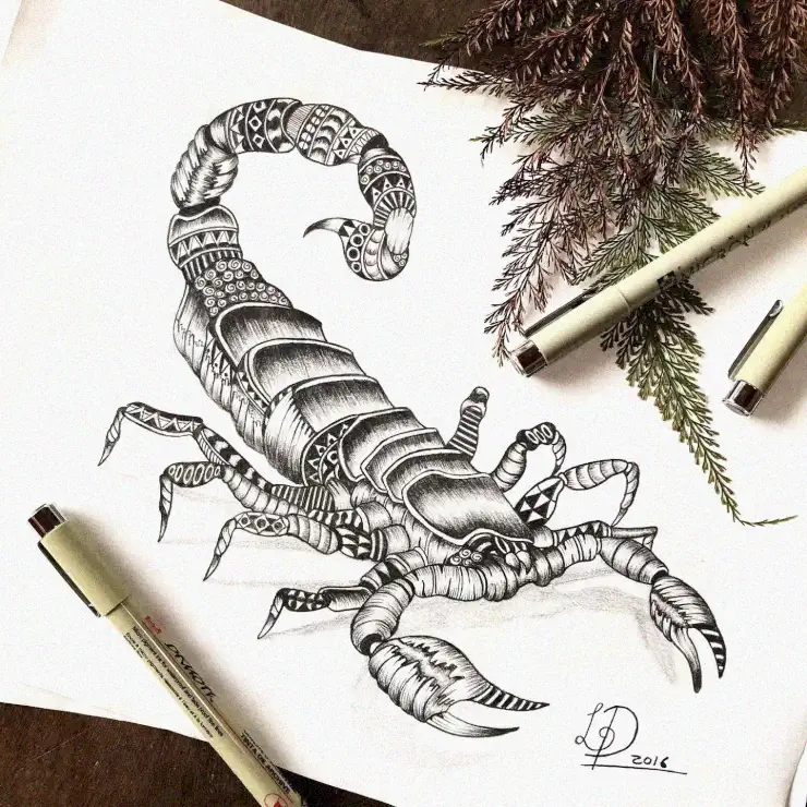 Scorpion Artistry Amidst Pine and Pen