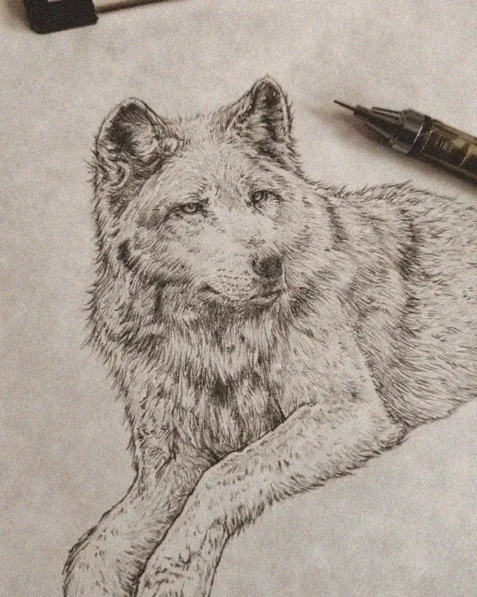 Wolf Repose: A Poetic Pen Illustration