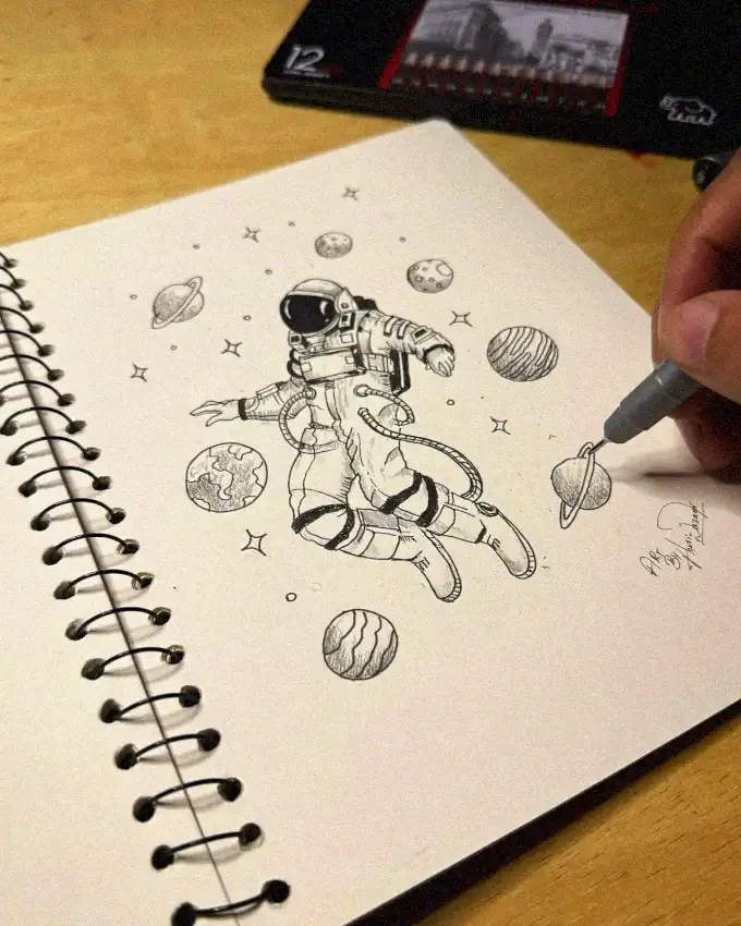 Sketching Astronaut Adventures Amidst the Stars