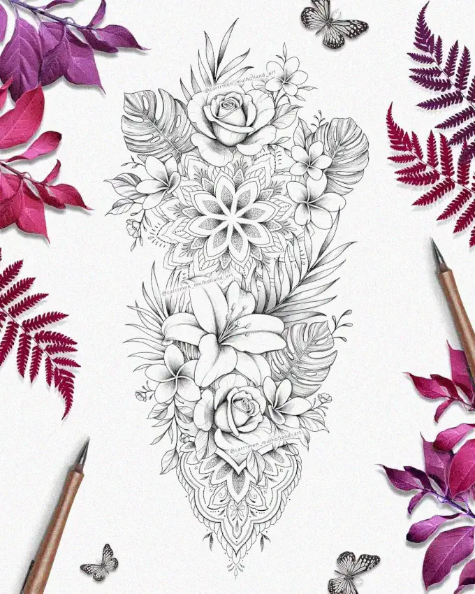 Sketched Botanical Wonder Amid Vibrant Foliage