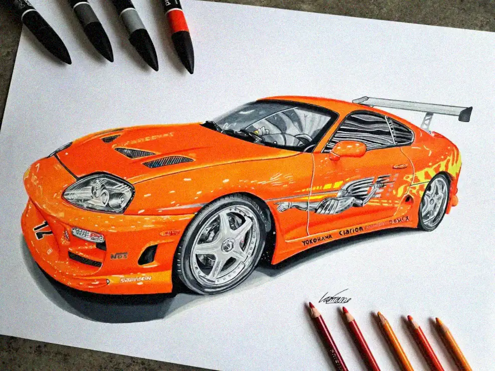 Vibrant Sketch of an Orange Sports Car